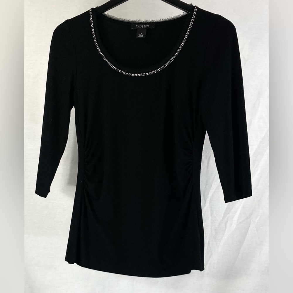 White House Black Market Elegant Black Blouse with Silver Trim